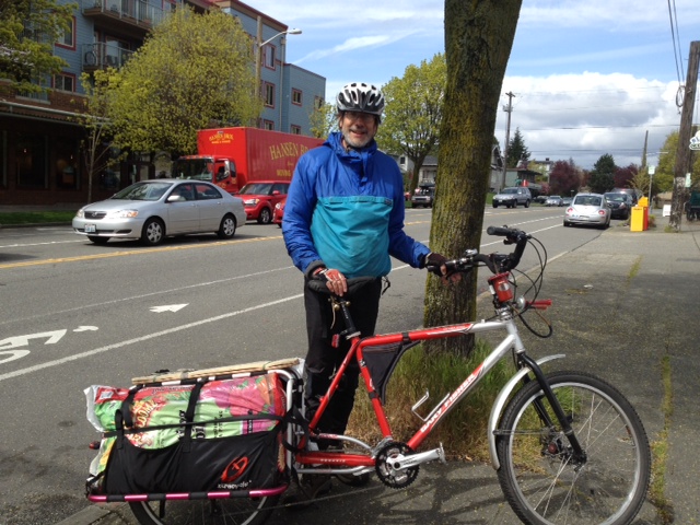 Victor coming home from the gardening store with compost!